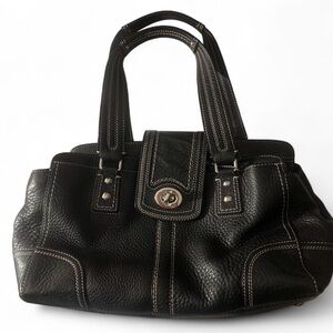 Coach Black Leather Satchel Handbag With White Stitching